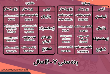 جدول برنامه کلاس های ورزشی تابستانه کودکان و نونهالان (دختران و پسران)